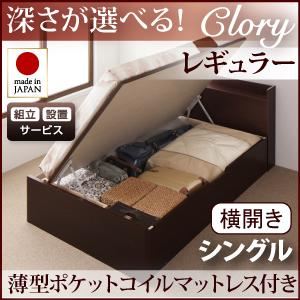 【組立設置費込】 収納ベッド レギュラー シングル【横開き】【Clory】【薄型ポケットコイルマットレス付】 ナチュラル 新 開閉タイプ＆深さが選べるコンセント付きガス圧式跳ね上げ収納ベッド【Clory】クローリー