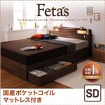 収納ベッド セミダブル【Fetas】【国産ポケットコイルマットレス付き】 ウォルナットブラウン 照明・コンセント付き収納ベッド 【Fetas】フィータス