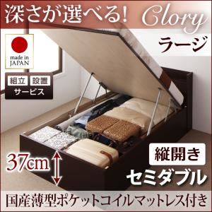 【組立設置費込】収納ベッド セミダブル・ラージ【縦開き】【Clory】【国産薄型ポケットコイルマットレス付】ナチュラル 国産跳ね上げ収納ベッド【Clory】クローリー