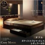 収納ベッド ダブル【Cozy Moon】【ポケットコイルマットレス：レギュラー付き】フレームカラー：ウォルナットブラウン マットレスカラー：ブラック スリムモダンライト付き収納ベッド【Cozy Moon】コージームーン
