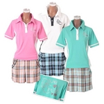 BLUE CRUSH(ブルークラッシュ) レディース ゴルフウエア チェック柄 配色ポロ & フリルボトム 上下セット 夏モデル 半袖 スカート 500134 2009新作 Lサイズ ピンク
