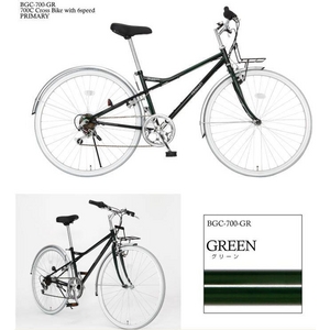 1:PRIMARY(プライマリー) 6段変速 クロスバイク BGC-700-GR グリーン＋折りたたみバスケット+ワイヤーロック+LEDライト