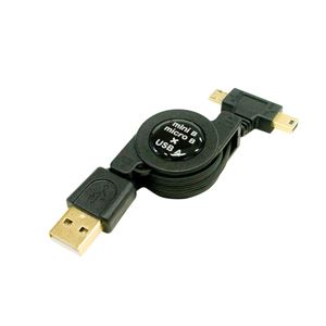 （まとめ）ミヨシ（MCO）ミニUSB+マイクロUSB 巻き取り式ケーブル ブラック MUL-MM8／BK【×5セット】