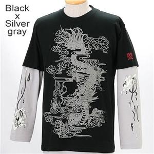 ZEKOO 和柄大集合 Tシャツ＆ロングTシャツ レイヤード2枚組み　ブラック×シルバーグレー　L
