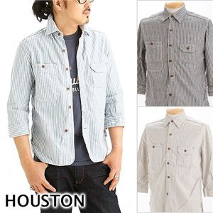 HOUSTON ストライプ7部袖シャツ カーキ L