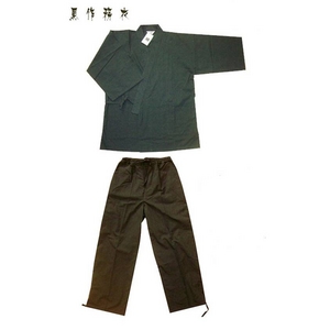 紬織作務衣（つむぎおりさむえ）【同色上下セット】 茶灰小縞 M