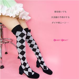 リボン付きダイヤ柄ニーソックス（グレー） 【2個セット】