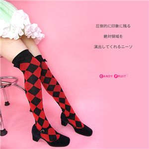 リボン付きダイヤ柄ニーソックス（レッド） 【2個セット】