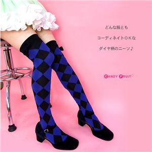 リボン付きダイヤ柄ニーソックス（ブルー） 【2個セット】