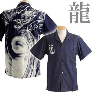 抜染デニムアロハシャツ 龍 L
