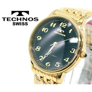 【TECHNOS】テクノス スリムウォッチ 本サファイヤ1石 T4094 文字盤ブラック/本体ゴールド