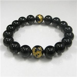 手彫り黄金龍(2珠）オニキスブレス 12mm