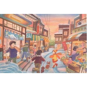 《情景画》冬の商店街（坂道なつ）〔アクリル画・水彩画〕