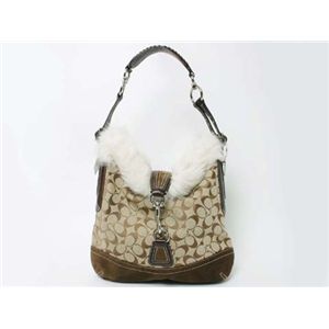 【現品限り】COACH（コーチ） シグネチャー ファー付き ショルダーバッグ キャンバス スエード カーフ ブラウン 【未使用】