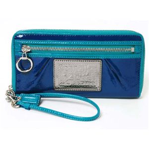 【現品限り】COACH（コーチ） ラウンドファスナー長財布 プレート パテント ブルー 【新品同様】