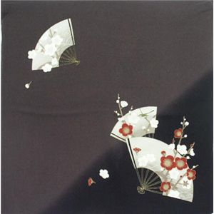 友禅縮緬風呂敷二巾 扇面梅に鶯 黒