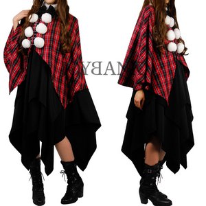  ネオケープ付 ダブルスクエアワンピース【クリスマス/チェック柄ケープ/イベント/仮装/コスプレ/コスチューム/衣装】01000635-Lサイズ レッド