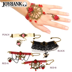 アンティークローズリング付きブレスレット【ハロウィン/クリスマス/イベント/パーティ/仮装/ブレスレット/アクセサリー/レース/チェーン/ゴシック/ロリータ/ゴスロリ】BL-355 レッドA