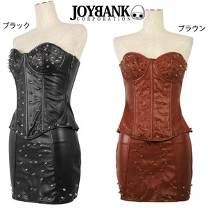 フェイクレザービスチェ＆スカート☆トゲスタッズ付き【コルセット/ビスチェ/パンク/ボンテージ/セットアップ/ハロウィン/クリスマス/イベント/仮装/パーティー/ランジェリー/下着/コスプレ/コスチューム/衣装】01000718-Mサイズ ブラウン