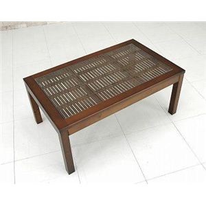 強化ガラスセンターテーブル/バンブーローテーブル 【75cm×45cm】 木製(天然木)/竹