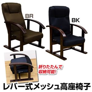 レバー式リクライニング高座椅子 高さ4段階調節可 ポケット/肘付き メッシュ素材使用 ブラック(黒) 【完成品】