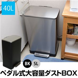 ダストBOX(ふた付きゴミ箱/ダストボックス) 【40L】 ステンレススチール製 ペダル式/大容量 ブラック(黒)