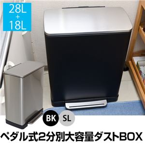 ダストBOX(ふた付きゴミ箱/ダストボックス) 【2分別 28L/18L】 ステンレススチール製 ペダル式/大容量 ブラック(黒)