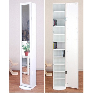 AVラックミラー(スタンドミラー付きCD/DVD収納ラック) 幅26cm×奥行28cm 可動棚付き ホワイト(白)