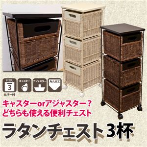 ラタンチェスト 【引き出し3杯】 スチール/籐カゴ アジャスター/キャスター付き アジアン調 アイボリー