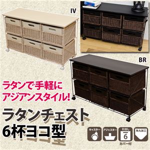 ラタンチェスト 【引き出し6杯/横型】 スチール/籐カゴ キャスター付き アジアン調 アイボリー