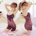  【深紫】裾花柄添えベビードール＆ショーツ・ランジェリー