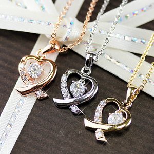 一粒キュービックジルコニアりぼん風ハートデザインネックレス/ピンクゴールド