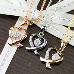 一粒キュービックジルコニアりぼん風ハートデザインネックレス/ピンクゴールド