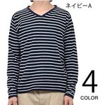 麻混Vネックボーダーカットソー/ネイビーMサイズ