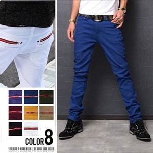 8カラーバックジップストレッチスキニーチノパンツ/ブルーLサイズ