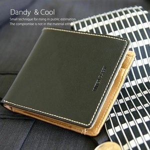 クールボディにステッチでアクセント☆メンズ牛革二つ折り財布/ブラック