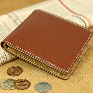 クールボディにステッチでアクセント☆メンズ牛革二つ折り財布/赤茶