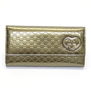 Gucci（グッチ） シャイニーマイクログッチシマ ハートシェイプインターロッキングG L字ファスナー小銭入れ付 二つ折り長財布 メタリックオリーブグリーン ≪2013AW≫ 245728 AZA2G 2402