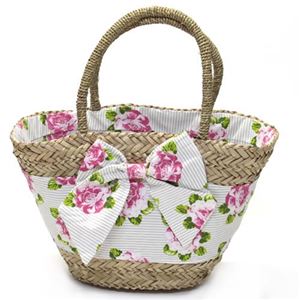 Jessie Steele（ジェシースティール） 大きなリボンとフラワープリント布がキュートなカゴバッグ Peony Stripe Seagrass Beach Bag シーグラス ビーチバッグ 822-JS-251