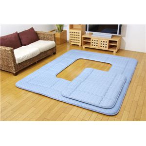 国産（日本製）固綿40mm使用 綿プリント ふっくら敷 『エールツー堀F敷』 ブルー 190×240cm 長方形（穴90×120cm）