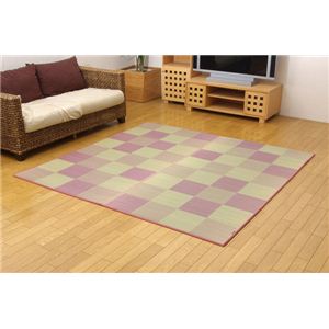 純国産/日本製 い草ラグカーペット 夏用 『Fブロック2』 ピンク 約191×191cm（裏：ウレタン）