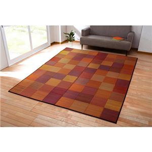 純国産 防音 ボリューム い草ラグ 夏用 『STカラフルブロック』 ブラウン 約191×191cm（裏:ソフトテック15mm）
