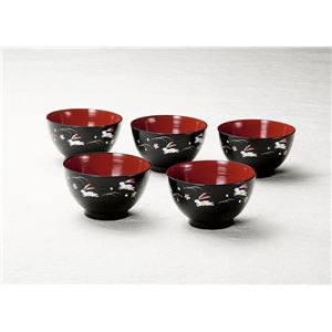 KT2001 刷毛目汁椀揃黒内朱うさぎ（5） 【Kaze-ya style・北市漆器店 】