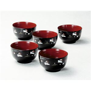 KT2021 刷毛目多用椀揃黒内朱うさぎ（5） 【Kaze-ya style・北市漆器店 】