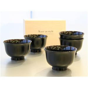 KZ2546 黒朱線入汁椀揃（5）木箱入 【Kaze-ya style・北市漆器店 】