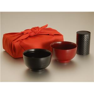KZ2551 レンジ刷毛目ペアどんぶりセット（黒・銀朱）（茶筒付） 【Kaze-ya style・北市漆器店 】