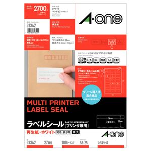（まとめ） エーワン ラベルシール[プリンター兼用] 再生紙・ホワイト A4 27面 56×25mm 四辺余白付 角丸 31342 1冊（100シート） 【×2セット】