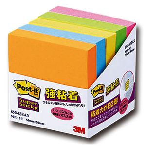 （まとめ） 3M ポストイット 強粘着ノート 50×50mm ネオンカラー5色 650-5SSAN 1パック（5冊） 【×5セット】