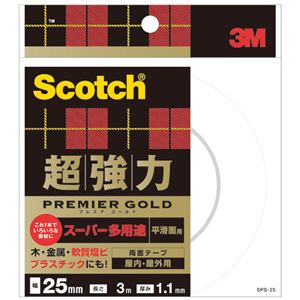 （まとめ） 3M スコッチ 超強力両面テープ プレミアゴールド （スーパー多用途） 25mm×3m SPS-25 1巻 【×4セット】