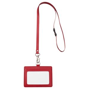 （まとめ） TANOSEE 合皮製ネームカードホルダー ヨコ型 ストラップ付 ワインレッド 1個 【×10セット】